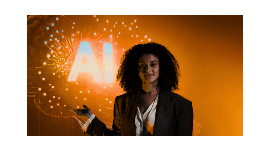 Picture of woman and AI generated presentation